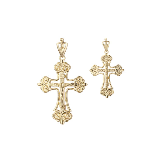 Colgante cruz ortodoxa en flor en Oro Rosa bicolor, baño de Oro 14K colores