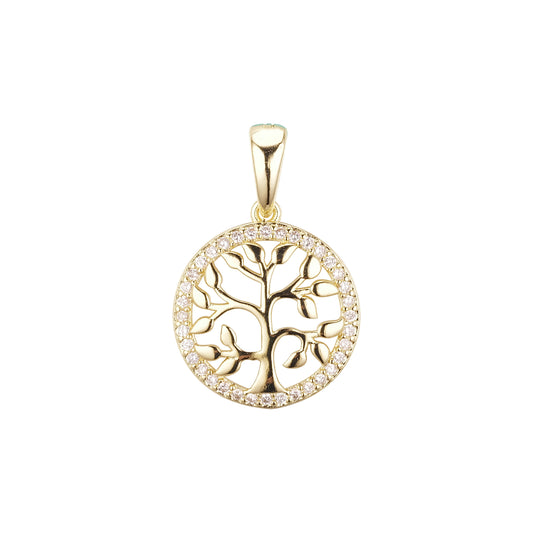 Colgante de halo de Oro 14K con árbol y hojas.