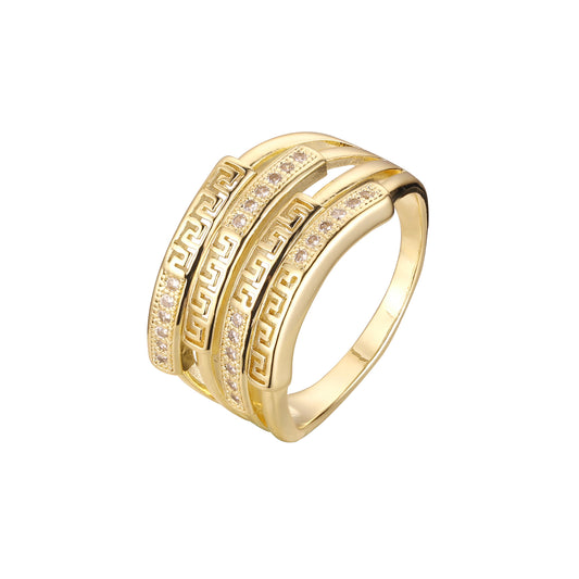 Anéis de ouro 14K com várias fileiras de zircônias cúbicas brancas pavimentadas com chaves gregas