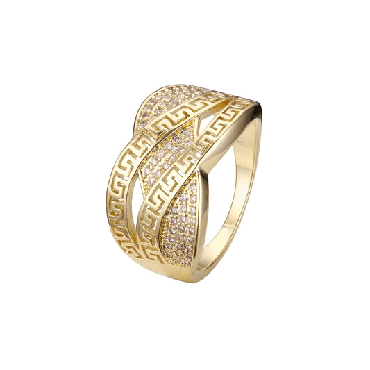 Fileiras duplas de chaves gregas cruzando CZs brancas pavimentadas em anéis de ouro 14K