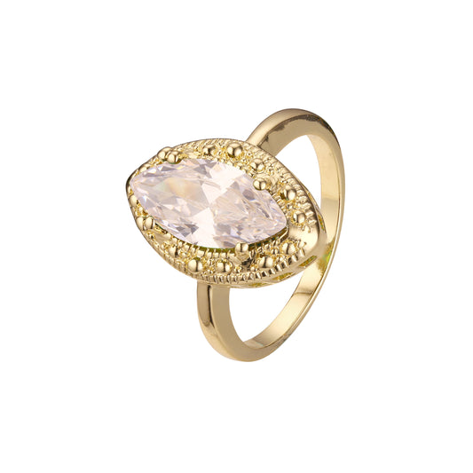 18K ゴールド、14K ゴールド、ローズゴールド メッキ色のビーズが敷き詰められたソリティア マーキス ビッグ ストーン リング