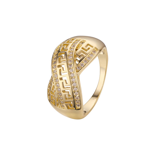 Cruzando czs brancos pavimentados fileiras duplas de anéis de chave grega de ouro 14K