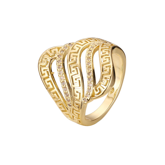 Anéis de ouro 14K com zircônias cúbicas brancas e pavê de chave grega