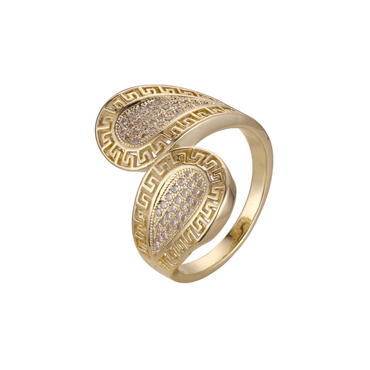 Chave grega dupla arredondada com CZs brancas pavimentadas, argolas de ouro 14K