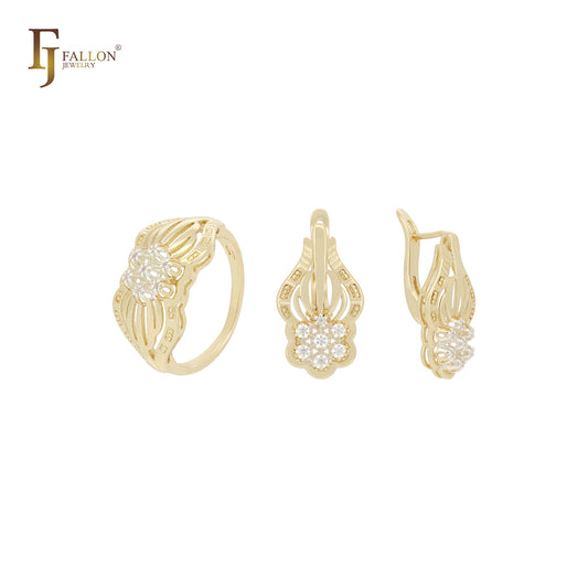 Conjunto de joyas de oro de 14 quilates en dos tonos con flores en racimo y circonitas blancas, con anillos