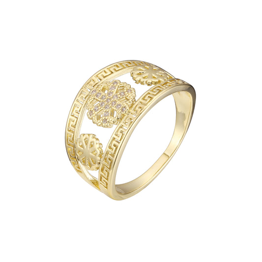 Grandes flores de CZs brancos, anéis de ouro 14K com chave grega