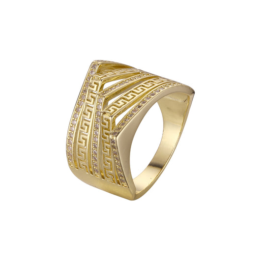 Anéis de ouro 14K com zircônias cúbicas brancas e pavê de chave grega geométrica