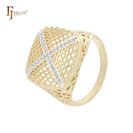 フィリグリー シグネット クラスター ホワイト CZ 14K ゴールド ツートン リング