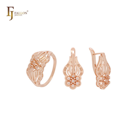 Conjunto de joyas de oro de 14 quilates en dos tonos con flores en racimo y circonitas blancas, con anillos