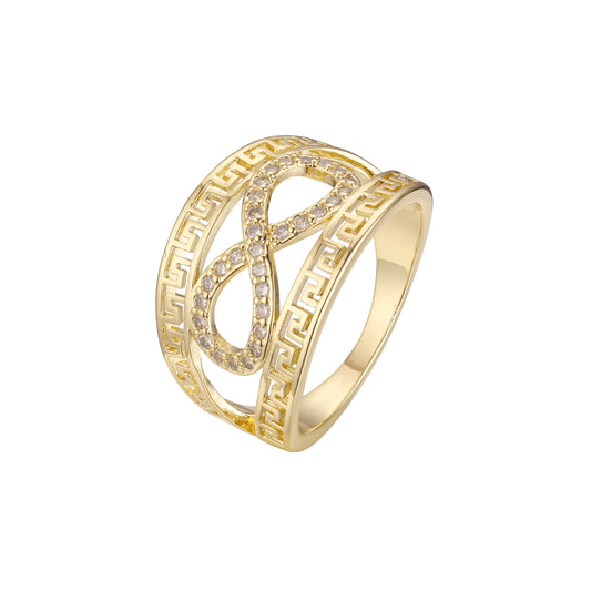 Anéis da moda em ouro 14K com chave grega e zircônias cúbicas brancas pavimentadas com sinal do infinito