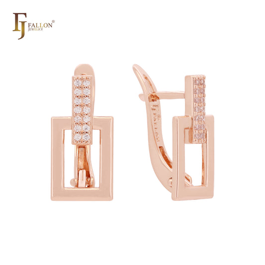 Pendientes de oro rosa con circonitas blancas en racimo rectangular cuadrado geométrico