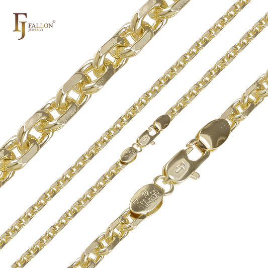 Italian Anchor cable link chains plated in White Gold, 14K Gold, Rose Gold