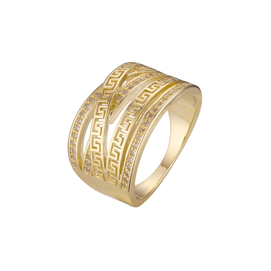 Anéis de ouro 14K com várias fileiras de zircônias cúbicas brancas pavimentadas com chaves gregas