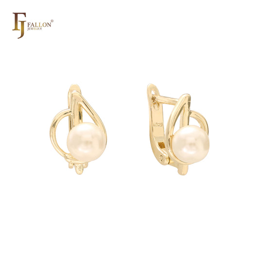 单粒珍珠和叶子 14K 金、玫瑰金耳环