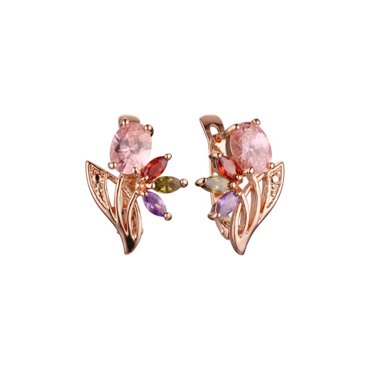 Pendientes de oro rosa con flores de circonitas cúbicas de colores de lujo
