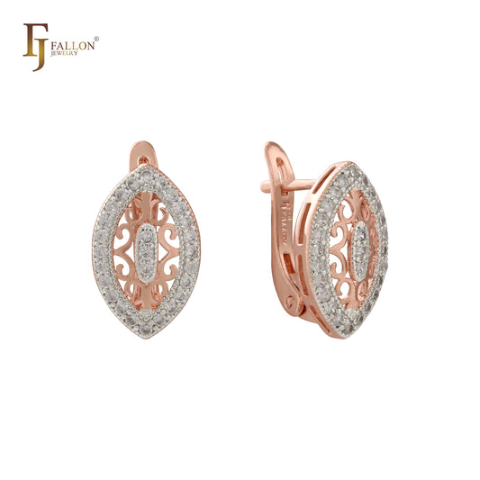 Zweifarbige Marquise-Ohrringe mit filigranem Halo und weißen CZs aus 14-karätigem Gold