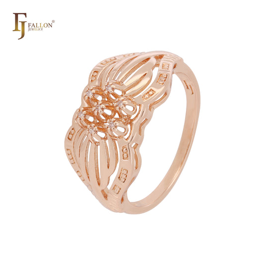 Hexagon cluster white CZs flower blooming 14K Gold two tone Rings