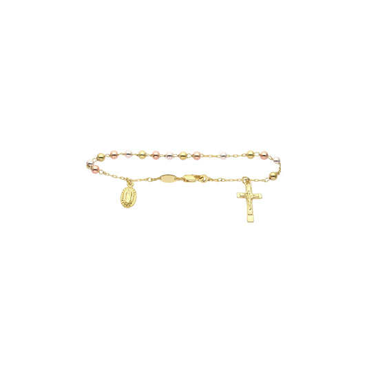 Italian Virgin of Guadalupe Catholic Rosary Necklace (Polished Round Beads) plated in 14K Gold, 14K Gold two tone