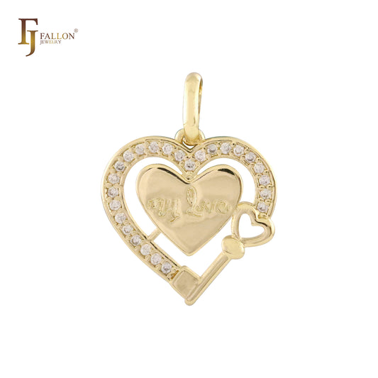 MI AMOR llave y corazón Oro rosa, Oro 14K, Colgante de oro blanco