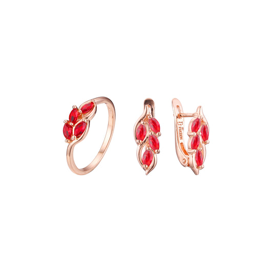 Conjunto de joyas de anillos de piedras marquesas de racimo rojo de oro rosa