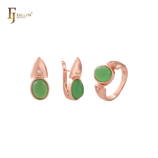 Solitario redondeado ovalado CZ oro rosa, oro de 14 quilates, conjunto de joyas de dos tonos