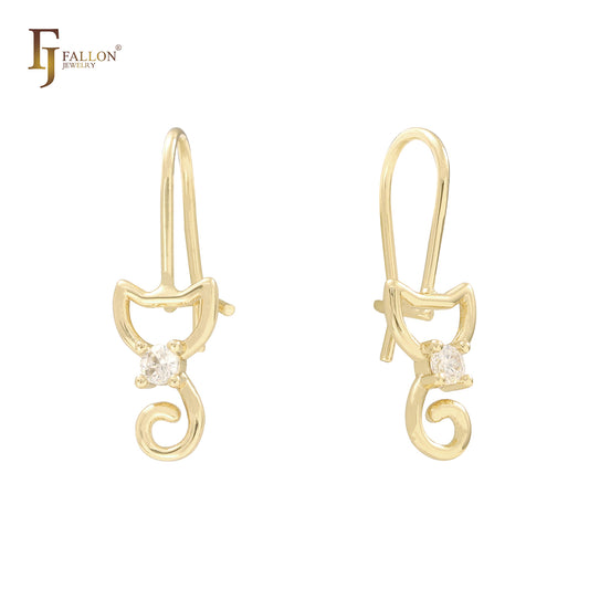 Pendientes infantiles con gancho de alambre de oro de 14 quilates con forma de gato