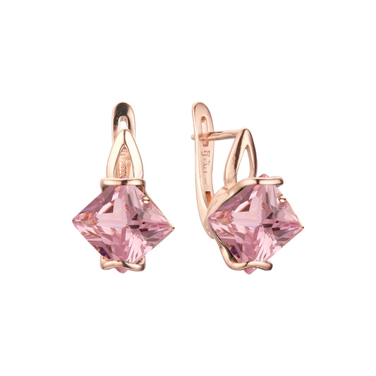 Brincos solitários de ouro 14K com lapidação princesa CZ e ouro rosa