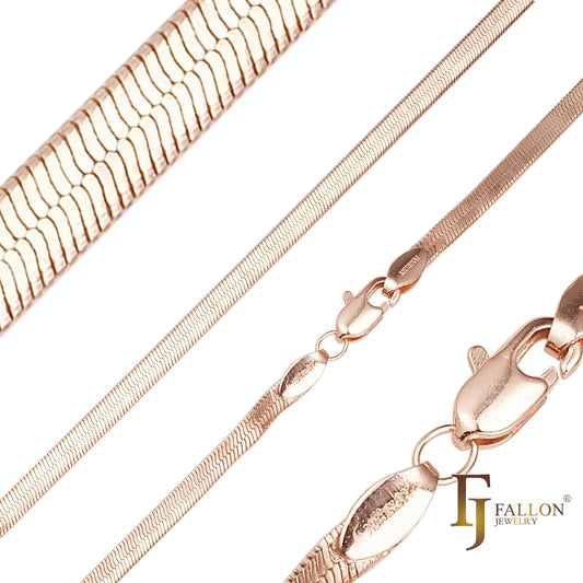 Classic Herringbone Flat Snake chains plated in 14K Gold, Rose Gold