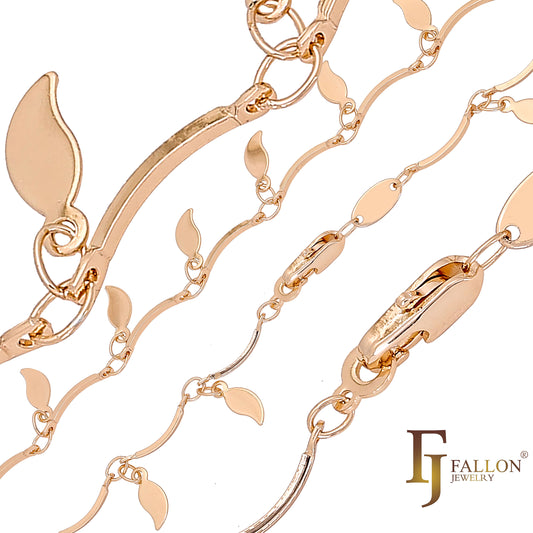 Fancy leaves and bar link chains plated in White Gold, 14K Gold, Rose Gold