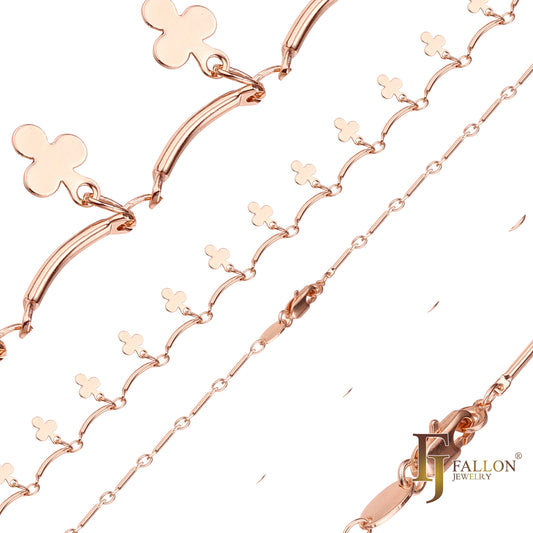 14K 金、玫瑰金花式条形和三叶草链条