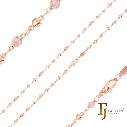 精美心形珠和白色宝石链接镀玫瑰金链