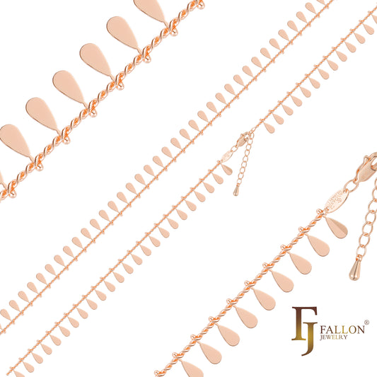 泪滴形镀 14K 金、玫瑰金光面链节脚链