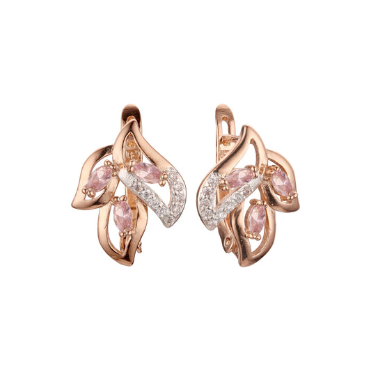 三叶簇彩色 CZ 耳环 14K 金、玫瑰金、两种色调电镀颜色