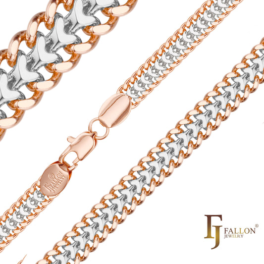 .Correntes cubanas de elo duplo bidirecional banhadas em ouro rosa, superfície de dois tons achatada SF