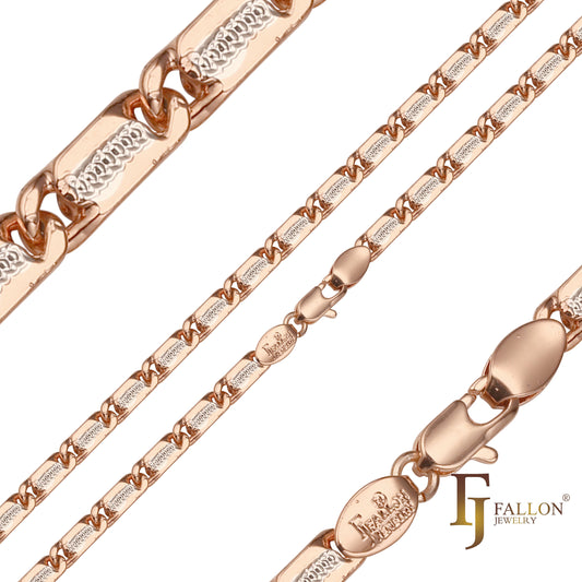 Correntes sólidas arredondadas com elo de caracol central marteladas banhadas em ouro rosa, ouro 14K em dois tons