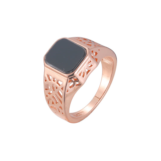 メンズ ブラック ストーン シグネット オイル リング、ローズゴールド メッキ