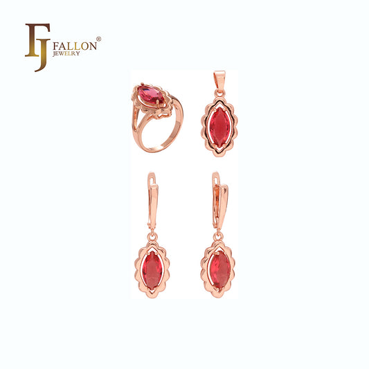 Conjunto de anéis e pingentes CZ vermelhos em forma de Maquise