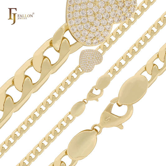 クラスター ホワイト CZ ハート カーブ リンク 14K ゴールド チェーン