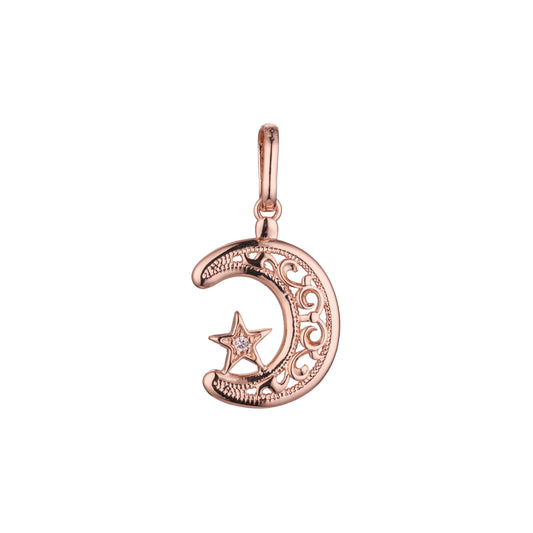 Colgante islámico de oro rosa, oro de 14 quilates, dos tonos, oro blanco con estrella y luna creciente