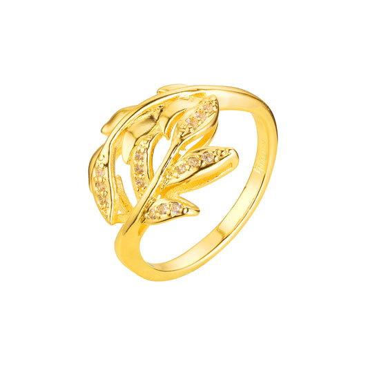 Anéis da moda de galhos e folhas em ouro 18K, ouro 14K, cores banhadas a ouro rosa