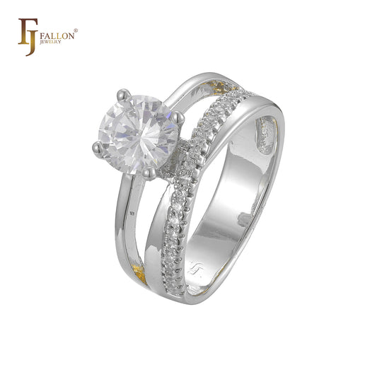 ソリタリーリング、パヴェホワイトクラスターCZ、14Kゴールド、ホワイトゴールド、ローズゴールドツートン