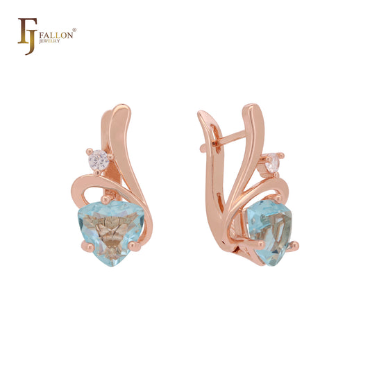 Pendientes triangulares de oro rosa con circonitas cúbicas blancas y azul lago