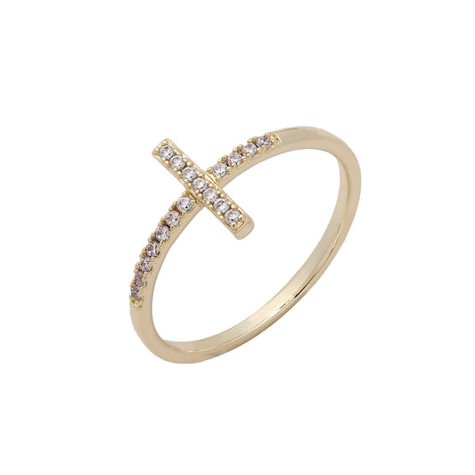 Cruz pavimentada con circonita blanca diseño liso Oro rosa, anillos de Oro 14K