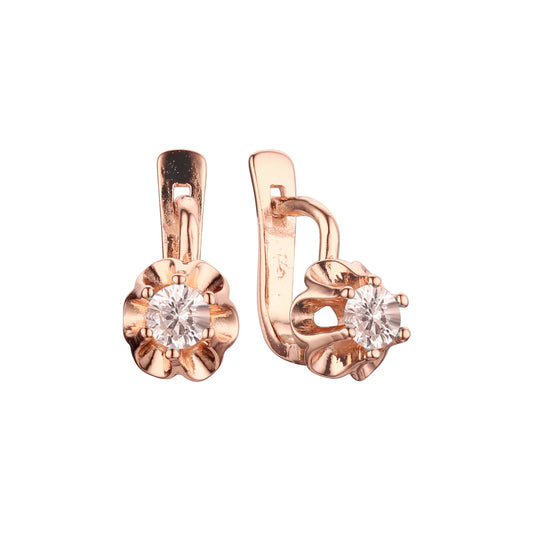 Brincos solitários com corte de flor cz ouro 14K, ouro rosa