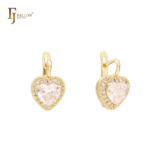 Herz-Solitär-Ohrringe aus 14-karätigem Gold mit weißen CZs und Halo