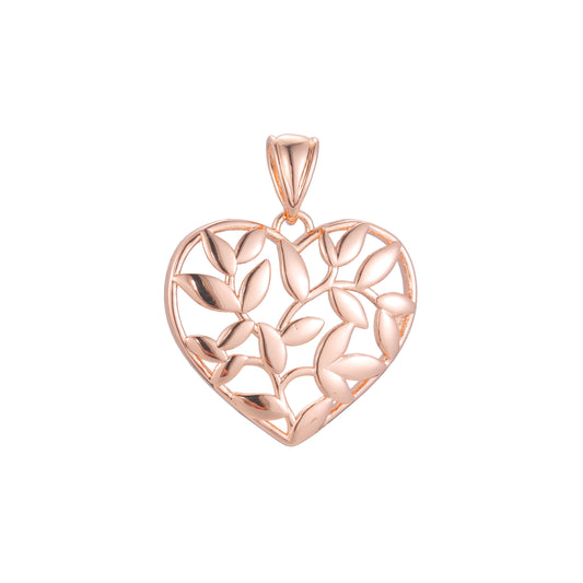 Pingente de coração e folhas em ouro rosa bicolor, banhado a ouro 14K