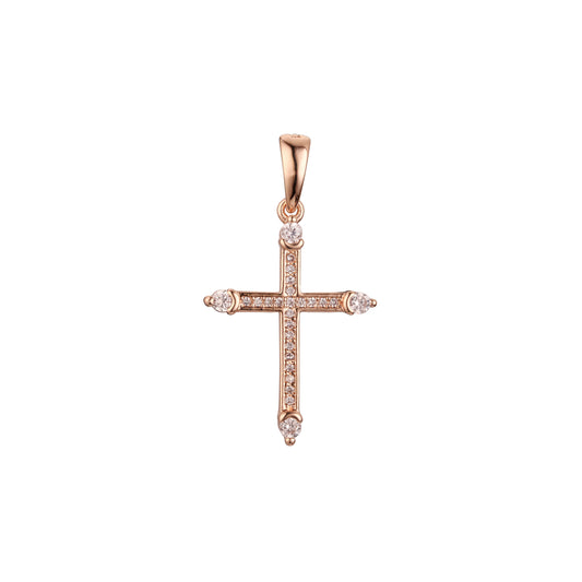 Colgante de cruz latina en oro rosa con circonitas blancas en racimo