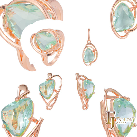 ケーブルに包まれたローズ ゴールドのビッグ ストーン アップル グリーン ソリティア セット