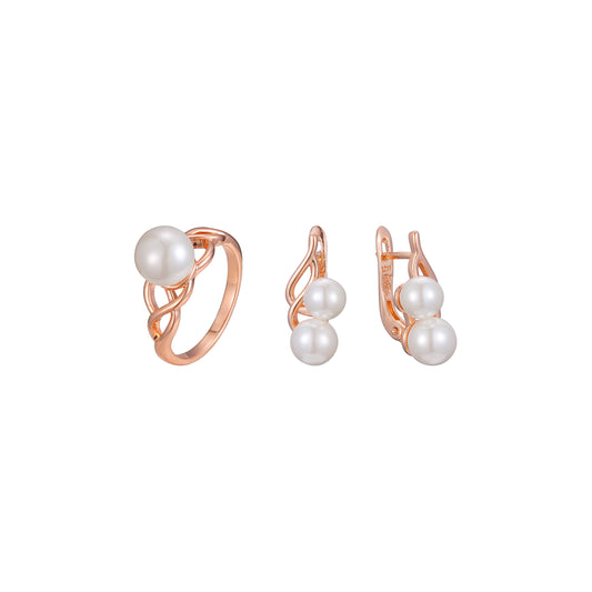 Juego de joyas de anillos minimalistas de doble perla chapados en oro rosa.
