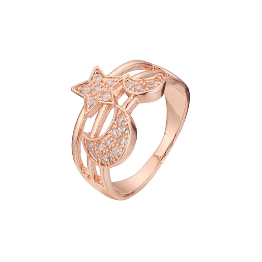 Star and moon plain design rings in 14K Gold, Rose Gold plating colors